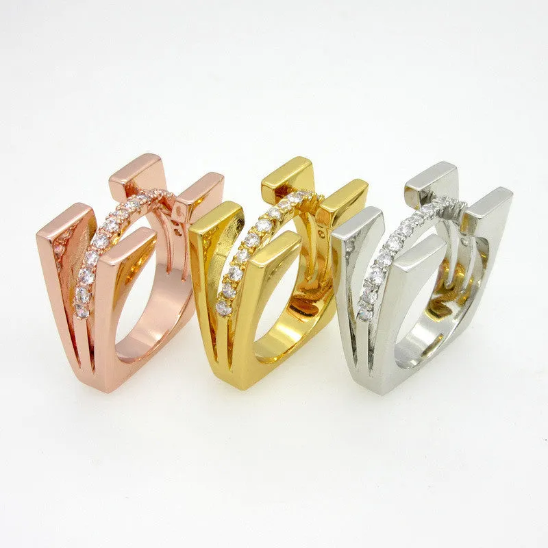 Top Quality Fashion Jewelry Square Double Luxury Brand Crystal Ring For Women 18K Rose Gold Plated With Cubic Zircon Ring