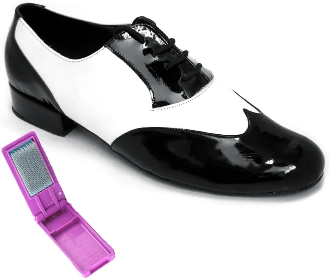 Very Fine Dance Shoes - Mens Standard, Smooth, Waltz Ballroom Dance Shoes - M100101-1-inch Heel and Foldable Brush Bundle - Black Patent - White Leather - 13