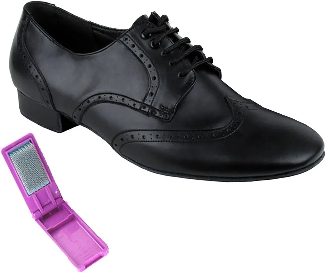 Very Fine Dance Shoes - Mens Standard, Smooth, Waltz Ballroom Dance Shoes - PP301-1-inch Heel and Foldable Brush Bundle - Black Leather - 9