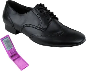 Very Fine Dance Shoes - Mens Standard, Smooth, Waltz Ballroom Dance Shoes - PP301-1-inch Heel and Foldable Brush Bundle - Black Leather - 9