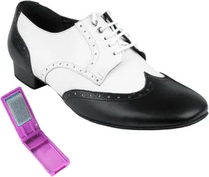 Very Fine Dance Shoes - Mens Standard, Smooth, Waltz Ballroom Dance Shoes - PP301-1-inch Heel and Foldable Brush Bundle - Black Leather - White Leather - 12
