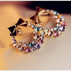 Women Imitation Colorful Rhinestone Bowknot Stud Earrings Gold Crystal Cubic Zirconia Bow Earring Female Fashion Vintage Jewelry