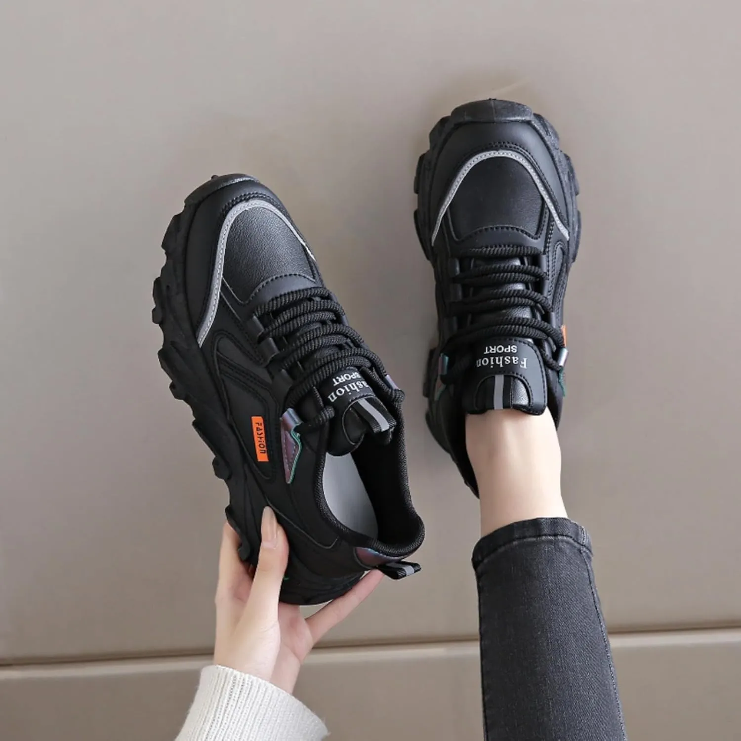 Womens Fashion Leather Lace Up Platform Sneakers Casual Non-Slip Shock Absorbing Heighten Walking Workout Driving Shoes
