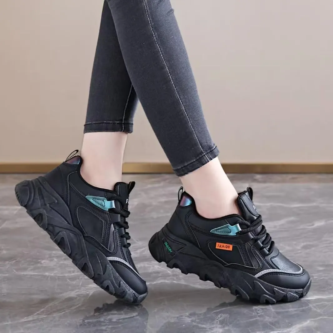 Womens Fashion Leather Lace Up Platform Sneakers Casual Non-Slip Shock Absorbing Heighten Walking Workout Driving Shoes