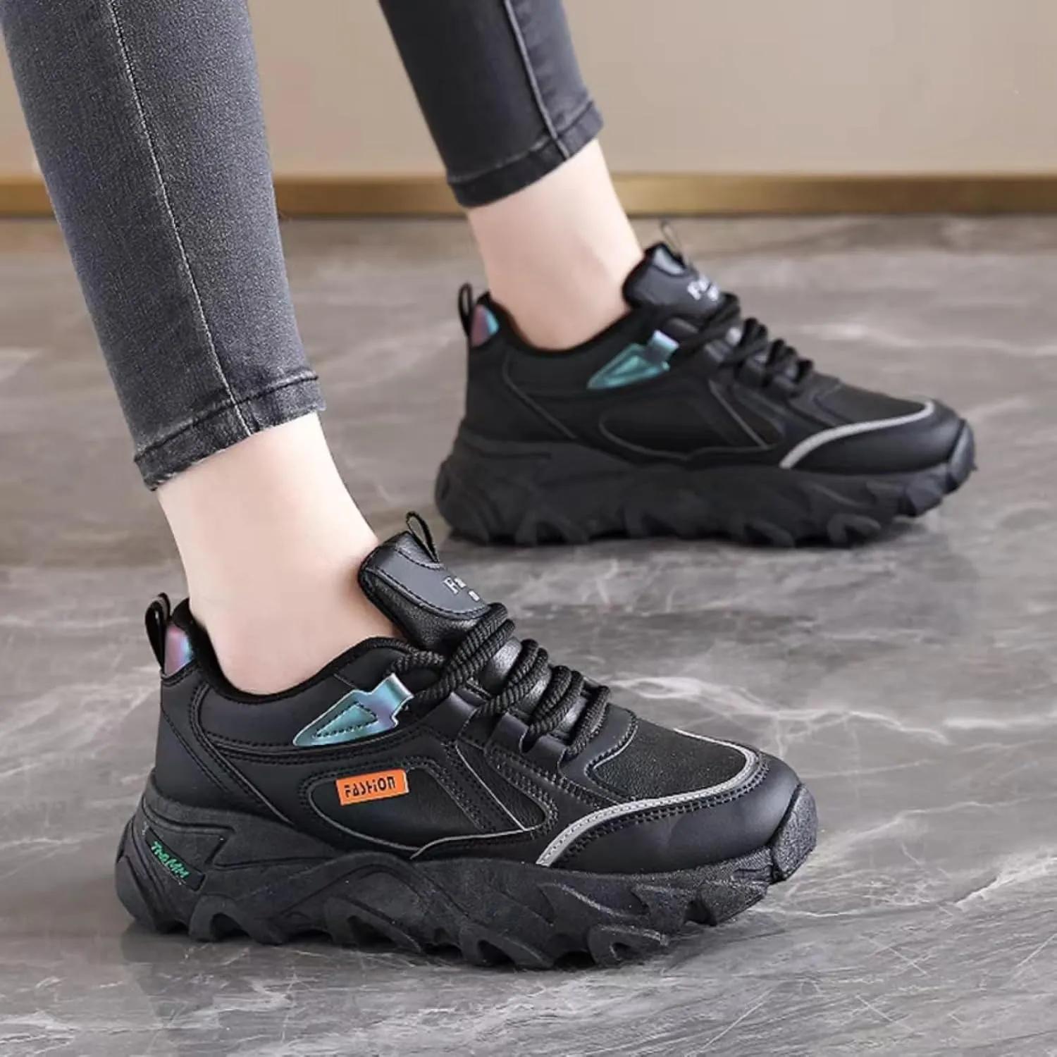 Womens Fashion Leather Lace Up Platform Sneakers Casual Non-Slip Shock Absorbing Heighten Walking Workout Driving Shoes
