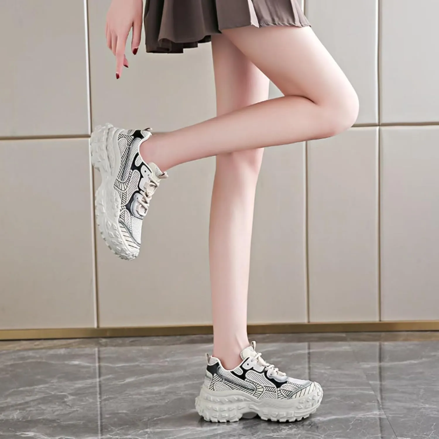 Womens Height Increase Breathable Mesh Lace Up Chunky Sneakers Fashion Platform Non-Slip Shoes Casual Dad Walking Driving Travel Hiking Shoes