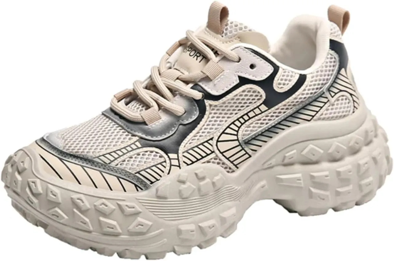 Womens Height Increase Breathable Mesh Lace Up Chunky Sneakers Fashion Platform Non-Slip Shoes Casual Dad Walking Driving Travel Hiking Shoes