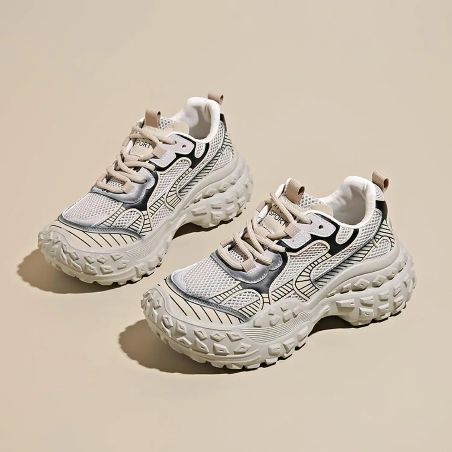Womens Height Increase Breathable Mesh Lace Up Chunky Sneakers Fashion Platform Non-Slip Shoes Casual Dad Walking Driving Travel Hiking Shoes