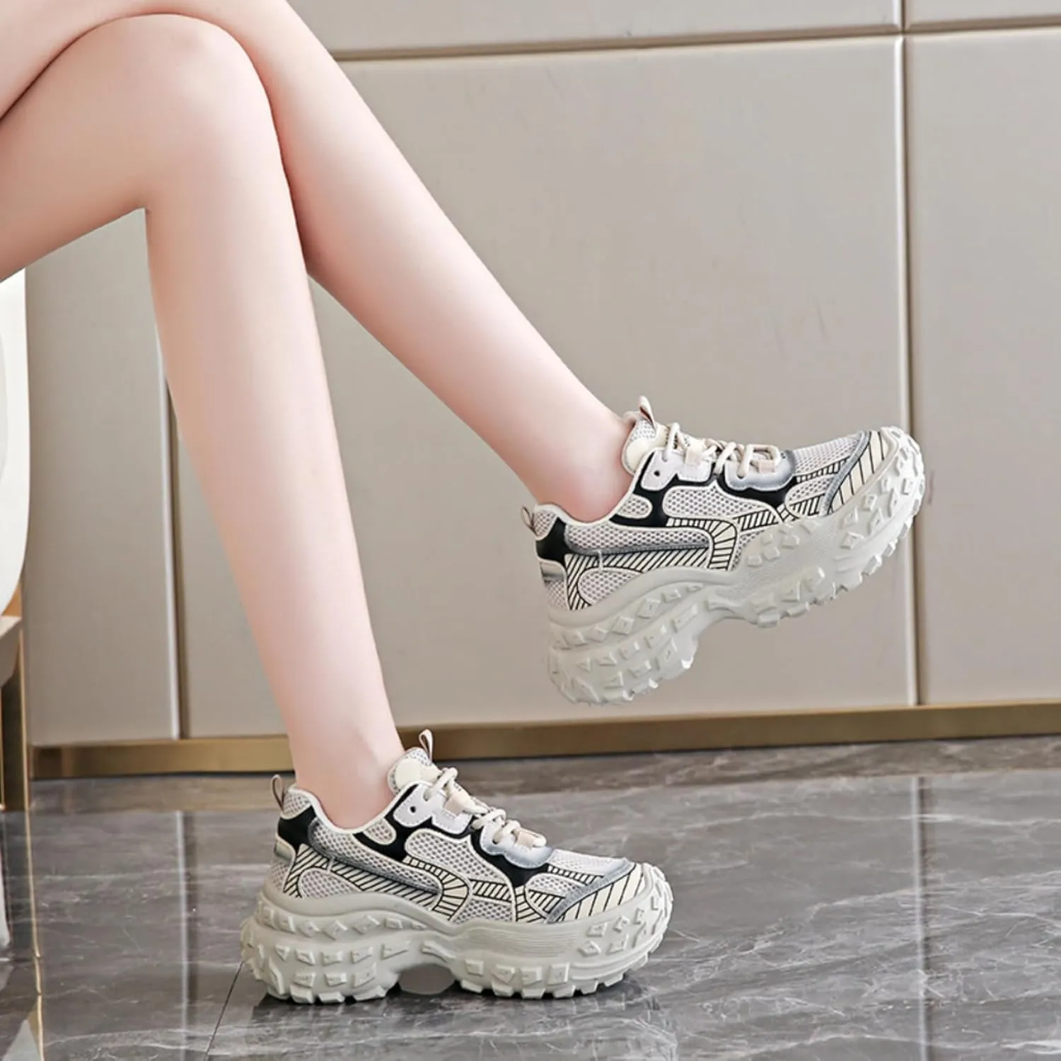 Womens Height Increase Breathable Mesh Lace Up Chunky Sneakers Fashion Platform Non-Slip Shoes Casual Dad Walking Driving Travel Hiking Shoes