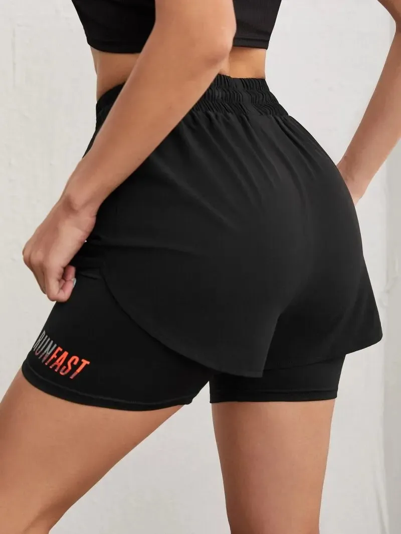 Women's High-Rise Yoga Shorts with Elastic Waist  Fake Two-Piece Running Shorts for Workout & Fitness