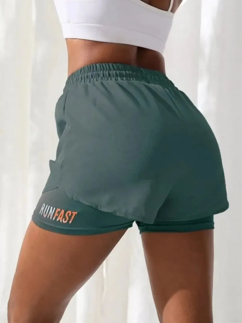 Women's High-Rise Yoga Shorts with Elastic Waist  Fake Two-Piece Running Shorts for Workout & Fitness
