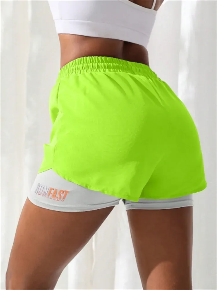 Women's High-Rise Yoga Shorts with Elastic Waist  Fake Two-Piece Running Shorts for Workout & Fitness