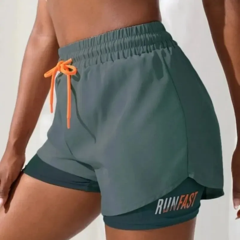 Women's High-Rise Yoga Shorts with Elastic Waist  Fake Two-Piece Running Shorts for Workout & Fitness
