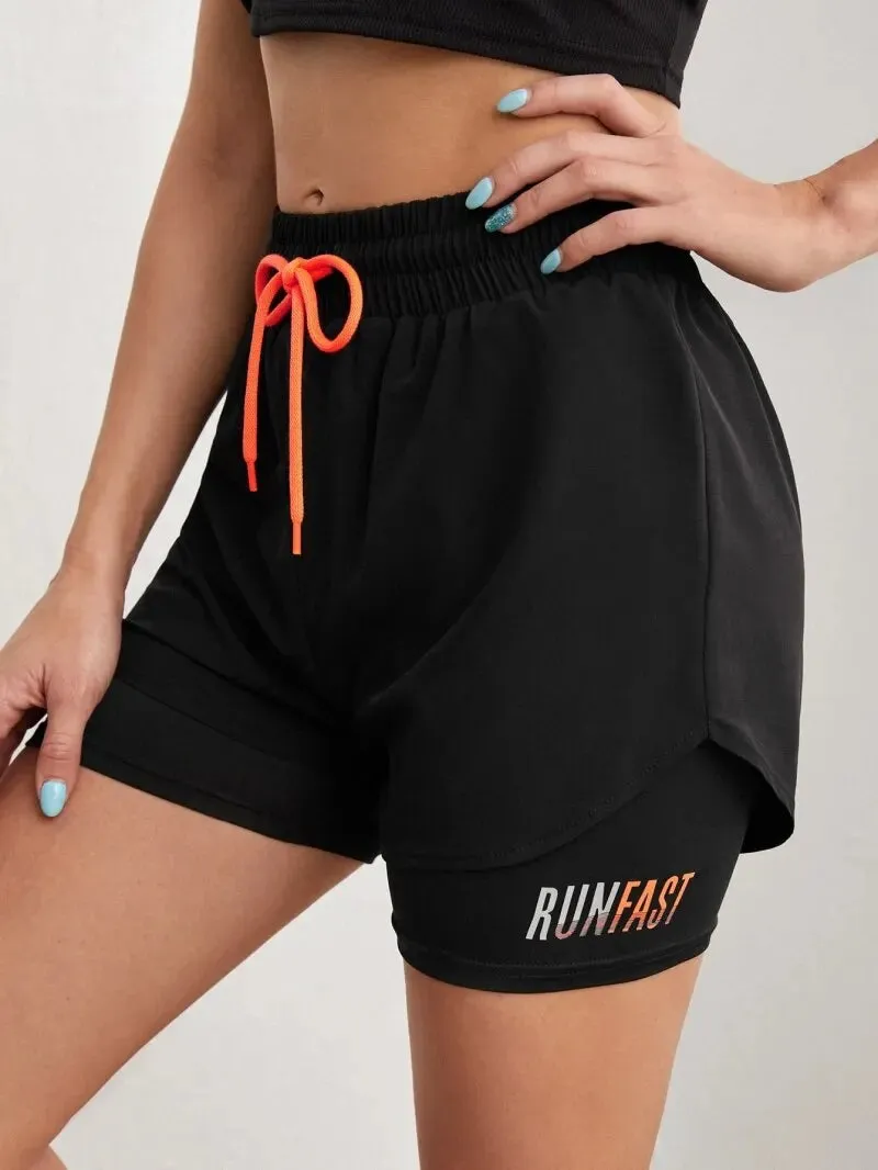 Women's High-Rise Yoga Shorts with Elastic Waist  Fake Two-Piece Running Shorts for Workout & Fitness