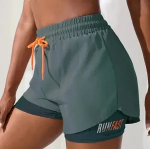Women's High-Rise Yoga Shorts with Elastic Waist  Fake Two-Piece Running Shorts for Workout & Fitness
