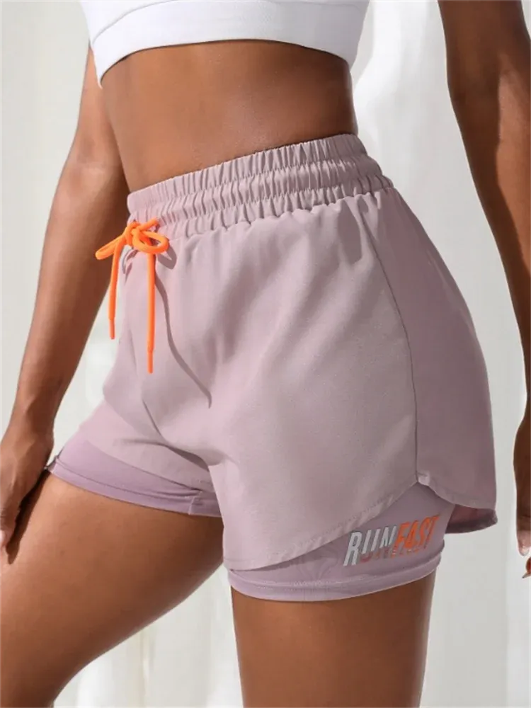 Women's High-Rise Yoga Shorts with Elastic Waist  Fake Two-Piece Running Shorts for Workout & Fitness