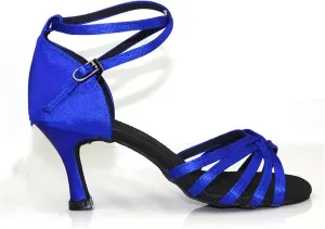 Women's Professional Latin Dance Shoes, Satin Ballroom Salsa Shoes Women, Women Ballroom Dance Shoes Sandals (Color : Blue 7.5cm, Size : 8)