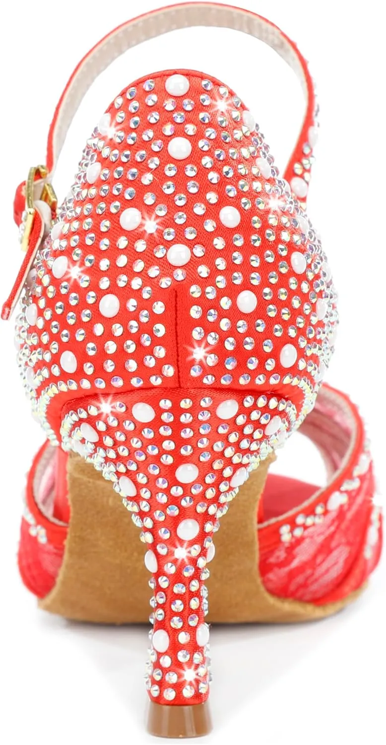 Y205-35 Women's Crystal Rhinestone Lace Latin Dance High Heel Shoes - Adjustable Ankle Strap Design, Stylish and Comfortable Dance Shoes