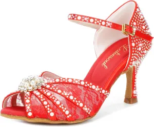 Y205-35 Women's Crystal Rhinestone Lace Latin Dance High Heel Shoes - Adjustable Ankle Strap Design, Stylish and Comfortable Dance Shoes