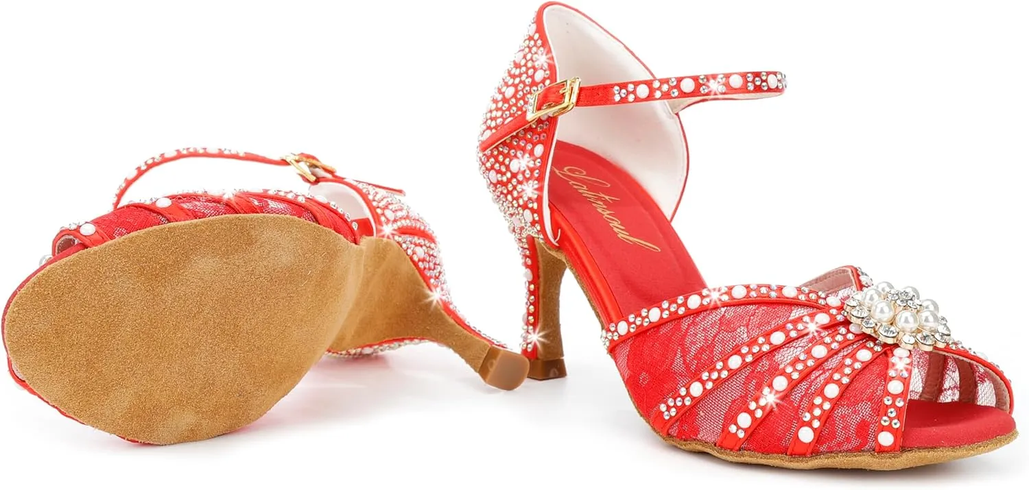Y205-35 Women's Crystal Rhinestone Lace Latin Dance High Heel Shoes - Adjustable Ankle Strap Design, Stylish and Comfortable Dance Shoes