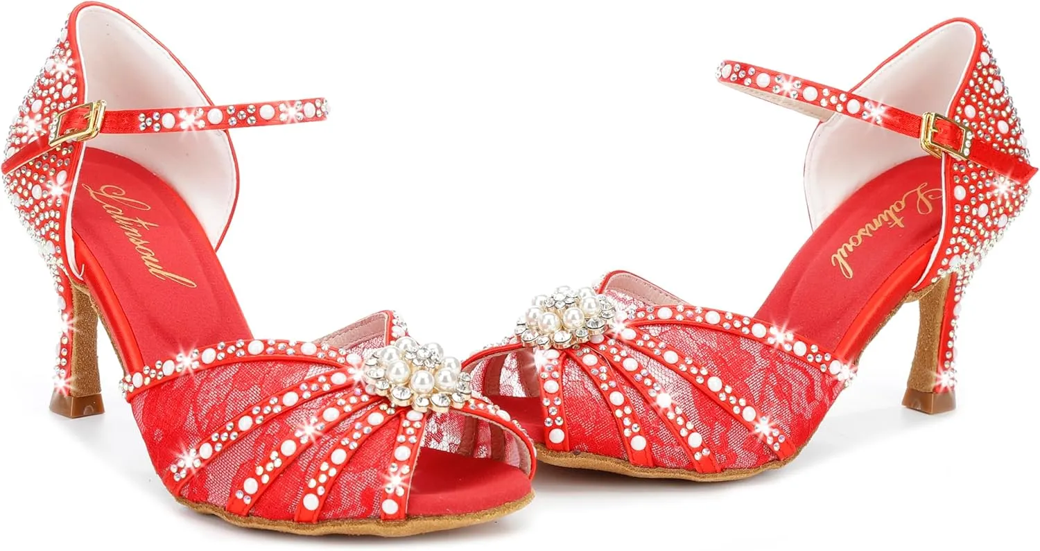 Y205-35 Women's Crystal Rhinestone Lace Latin Dance High Heel Shoes - Adjustable Ankle Strap Design, Stylish and Comfortable Dance Shoes