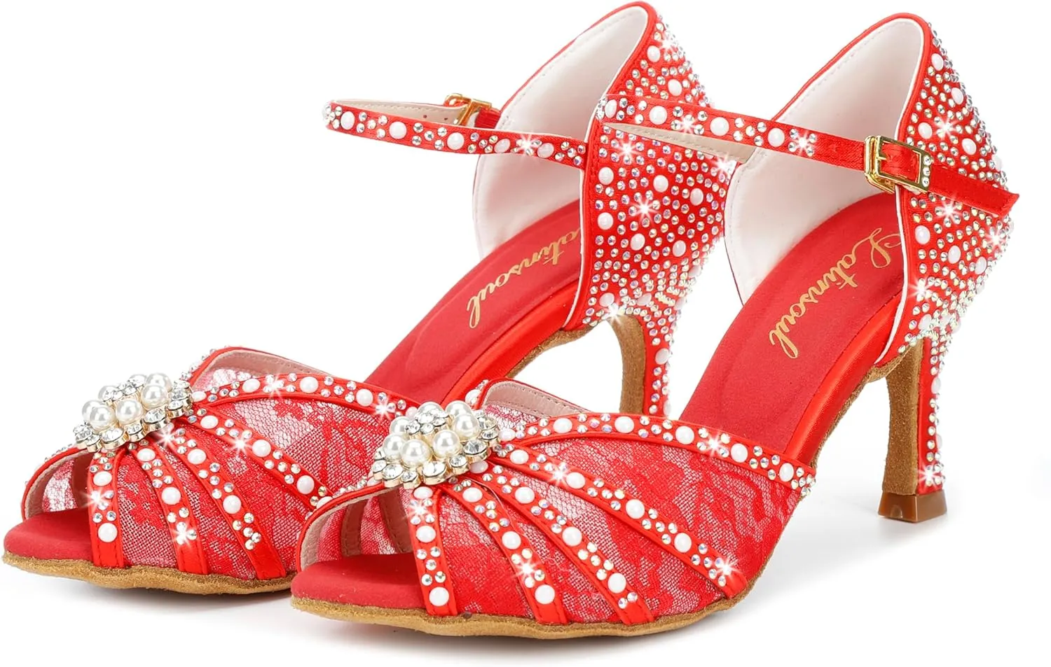 Y205-35 Women's Crystal Rhinestone Lace Latin Dance High Heel Shoes - Adjustable Ankle Strap Design, Stylish and Comfortable Dance Shoes