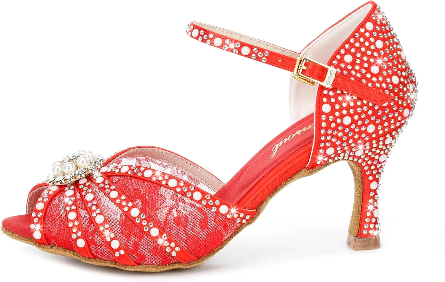 Y205-35 Women's Crystal Rhinestone Lace Latin Dance High Heel Shoes - Adjustable Ankle Strap Design, Stylish and Comfortable Dance Shoes